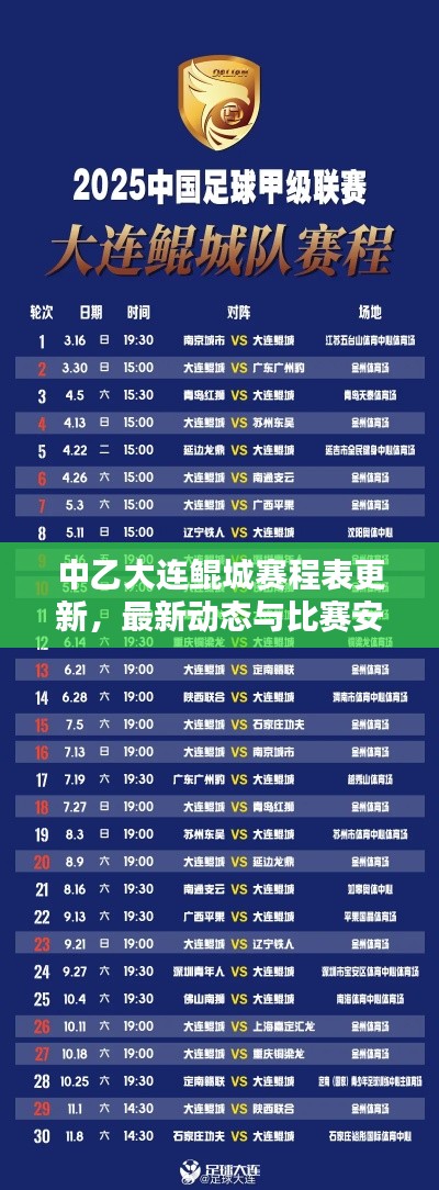 中乙大连鲲城赛程表更新，最新动态与比赛安排一网打尽